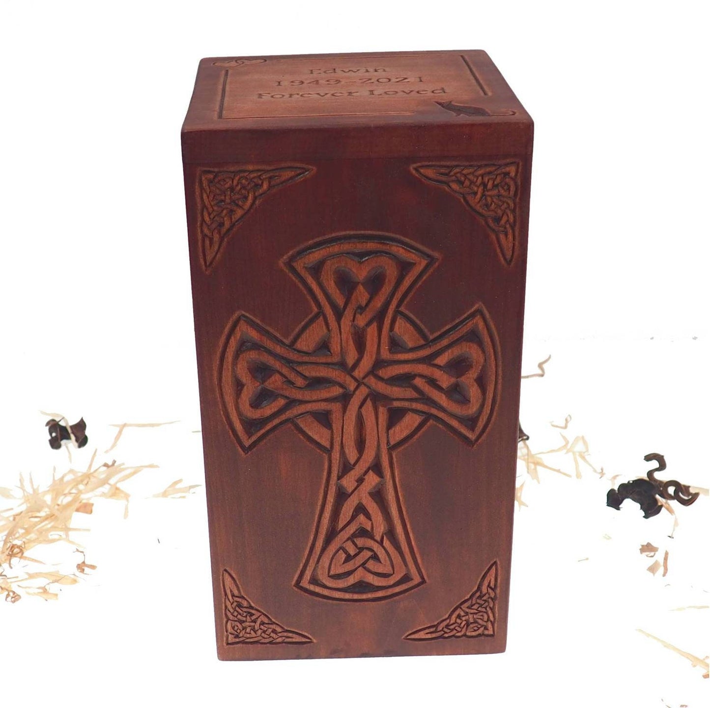 Personalized Wood Urn For Human Ashes, Celtic cross and plait motive, Wooden Memorial Box, Carved Keepsake Cremation Urns, Boxes For Burial