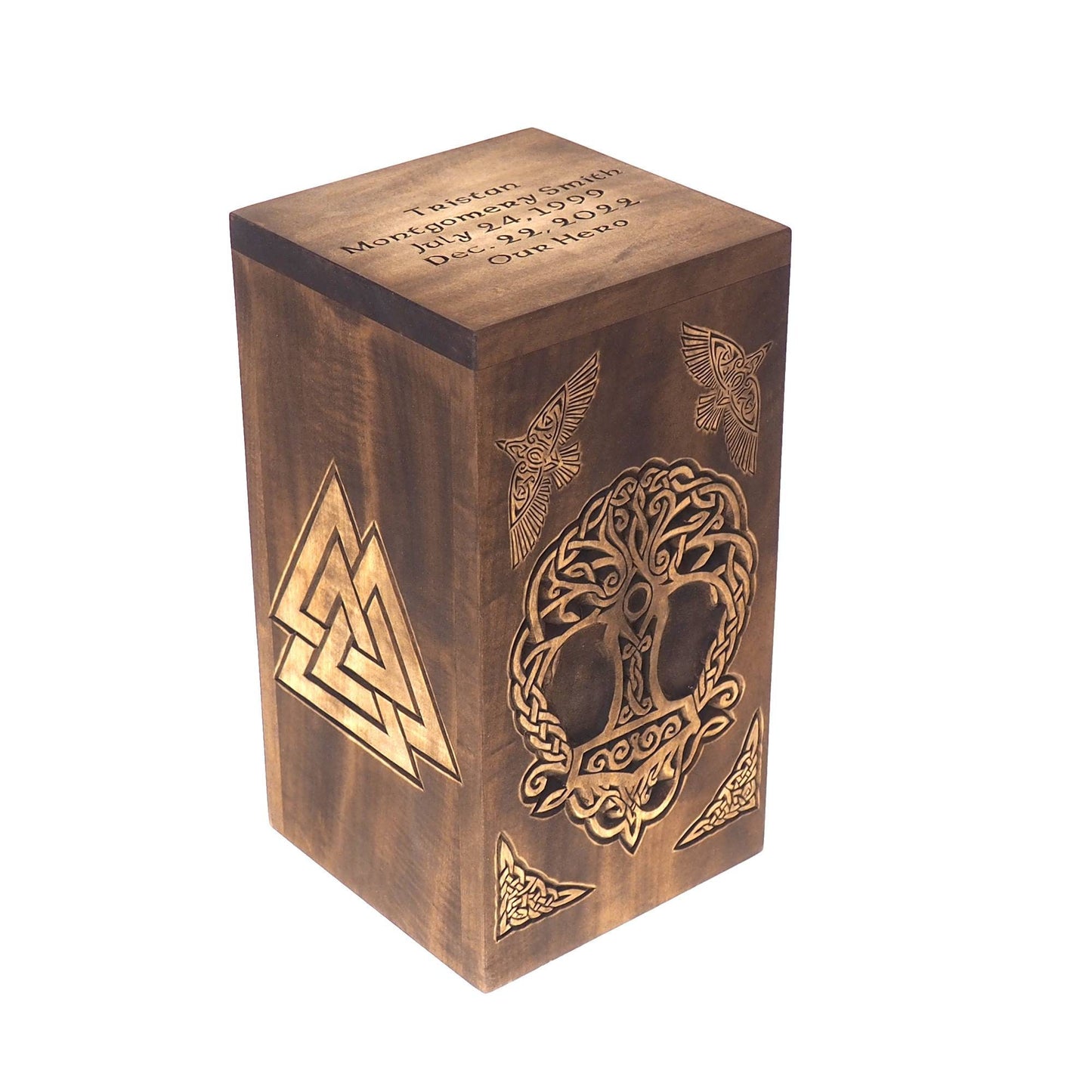 Personalized Wood Urn For Human Ashes,Thor hammer, ravens, Wooden Memorial Box, Carved Keepsake Cremation Urns, Cremation Boxes For Burial