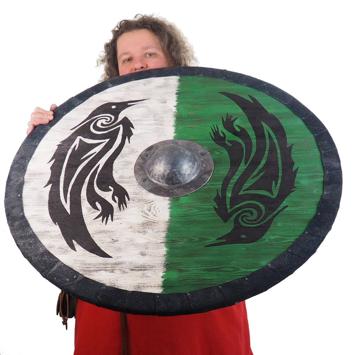 Double Ravens Personalized Viking Shield Green, Norsman shield, Wall decor, Larp and reenactment, SCA ready, black shield, Valhalla pattern