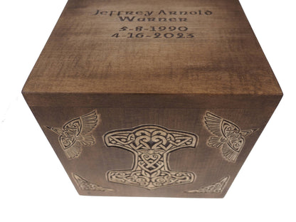 Square Personalized Wood Urn, Thor hammer , For Human Ashes, Wooden Memorial Box, Carved Keepsake Cremation Urns, Medieval Viking style