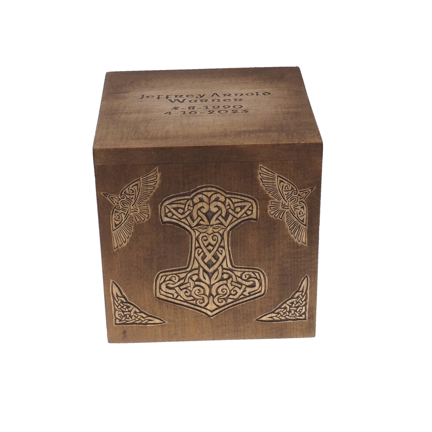 Square Personalized Wood Urn, Thor hammer , For Human Ashes, Wooden Memorial Box, Carved Keepsake Cremation Urns, Medieval Viking style