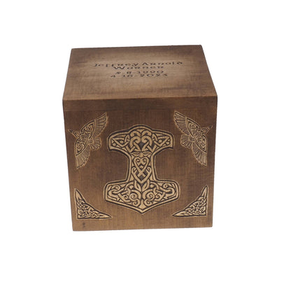 Square Personalized Wood Urn, Thor hammer , For Human Ashes, Wooden Memorial Box, Carved Keepsake Cremation Urns, Medieval Viking style