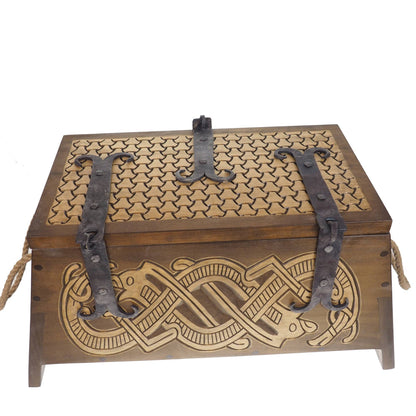 Dragons Personalized Viking Chest, hand carved, Norse pattern box, chest with forged fittings, wedding gift, SCA and Larp, treasure chest