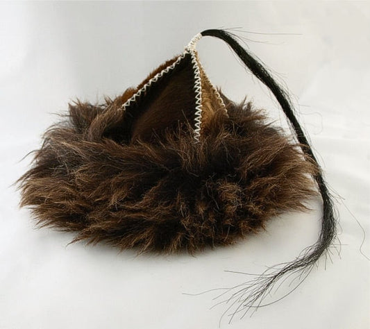 Historical leather hat with horse tail, hand sewn, larp, medieval, sca, unisex hat, headdress viking, Mongol, Slavic, Viking clothing