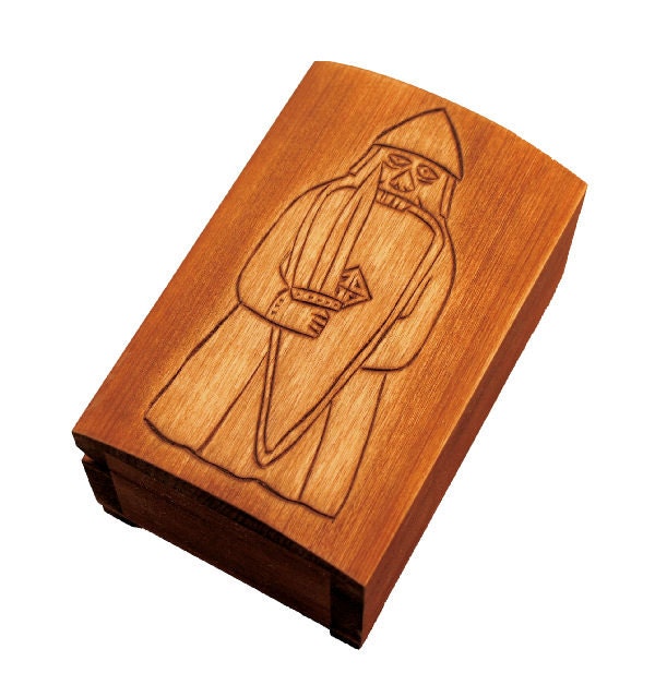 Wooden historical jewelry box with berserker of Lewis chesmenn