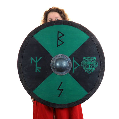Personalized runic Viking Shield with Thor mask, Norsman shield, Wall decor, Larp and reenactment, SCA ready, black shield, Valhalla pattern