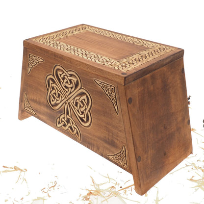 Shamrock Wooden Urn For Human Ashes, Wooden Memorial Box, Hand Carved, Keepsake Cremation Urns, Cremation Boxes For Burial, Celtic pagan