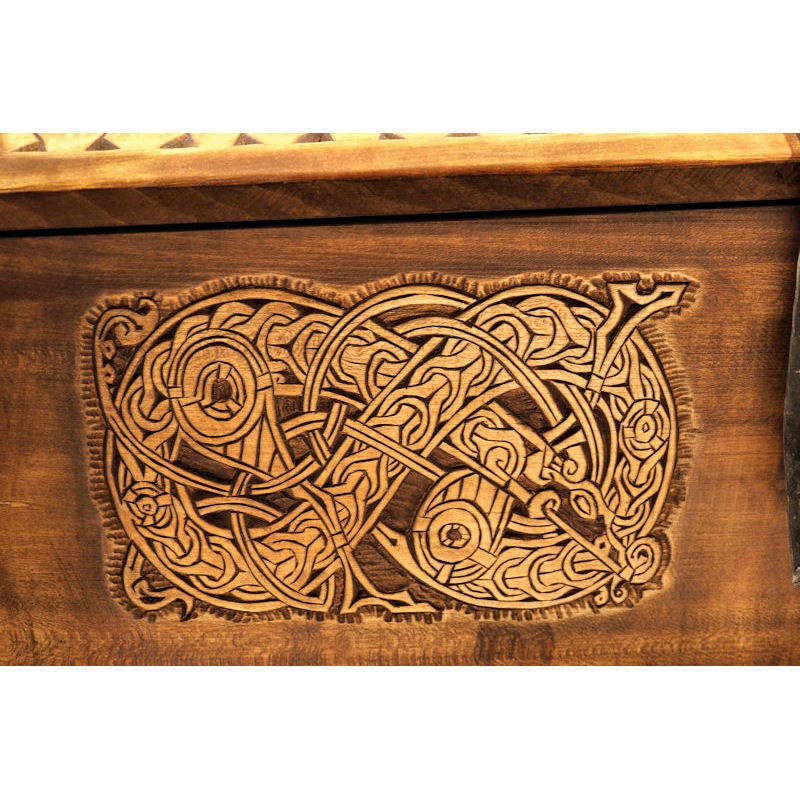 Personalized Viking Chest, hand carved, Norse pattern box, chest with forged fittings, perfect wedding gift, SCA and Larp, treasure chest