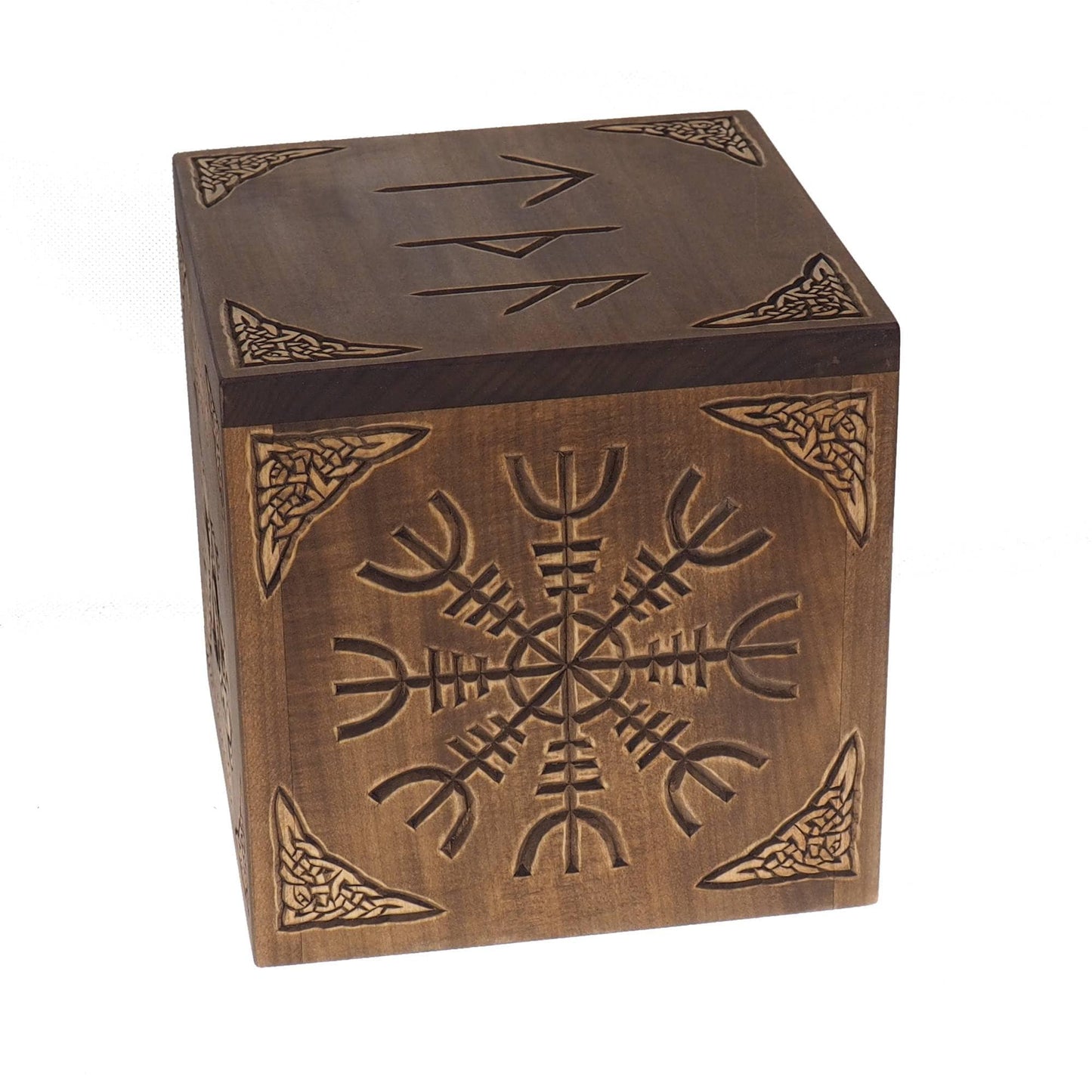 Square Personalized Wood Urn, Aegishjalmur, For Human Ashes, Wooden Memorial Box, Carved Keepsake Cremation Urns, Medieval Viking style