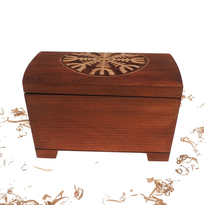 Big Wooden historical jewelry box with Aegishjalmur pattern memorial box wooden urn