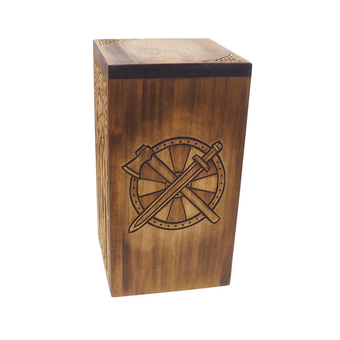 Personalized Wood Urn with viking shield sword and axe, For Human Ashes, Wooden Memorial Box, Carved Keepsake Cremation Urns,  Viking style