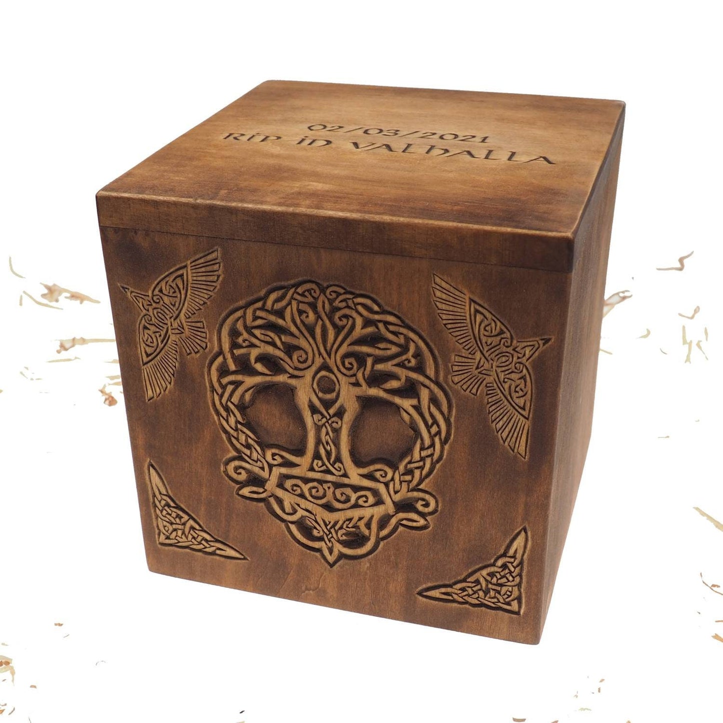 Square Personalized Wood Urn For Human Ashes, Thor hammer Yggdrasil Memorial Box, Carved Keepsake Cremation Urns, Cremation Boxes For Burial