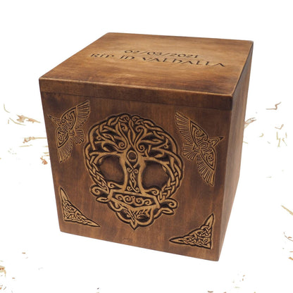 Square Personalized Wood Urn For Human Ashes, Thor hammer Yggdrasil Memorial Box, Carved Keepsake Cremation Urns, Cremation Boxes For Burial