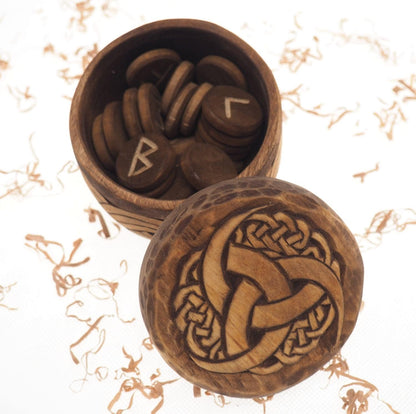 Viking Rune Set in hand carved Box with Odin's Triple Horn Norse Runes Elder Futhark Runes Asatru Runes Divination Runes Runes box viking