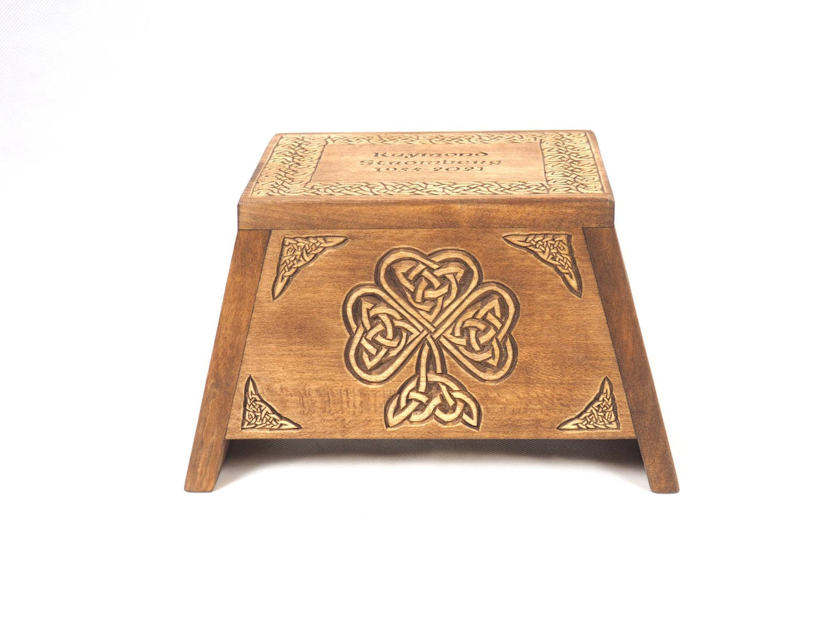Small urn Shamrock Wooden For Human Ashes, Wooden Memorial Box, Hand Carved, Keepsake Urns, Cremation Boxes For Burial, Celtic pagan