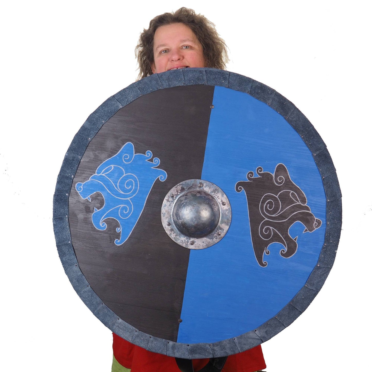 Viking Shield Blue and Black Bear heads Pattern,Shield with strap,  Norsman shield, Wall decor, Larp and reenactment, SCA ready,