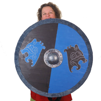 Viking Shield Blue and Black Bear heads Pattern,Shield with strap,  Norsman shield, Wall decor, Larp and reenactment, SCA ready,