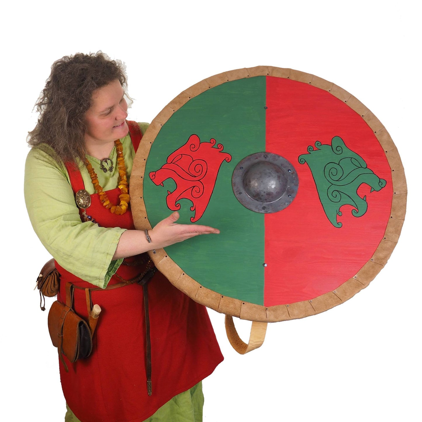 Viking Shield Green Red Bear heads Pattern,Shield with strap,  Norsman shield, Wall decor, Larp and reenactment, SCA ready,