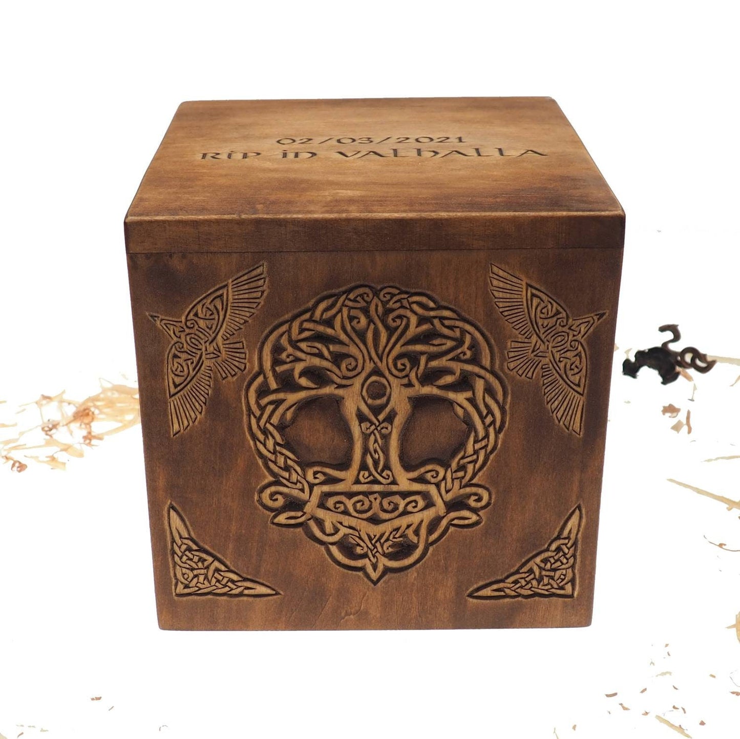 Square Personalized Wood Urn For Human Ashes, Thor hammer Yggdrasil Memorial Box, Carved Keepsake Cremation Urns, Cremation Boxes For Burial