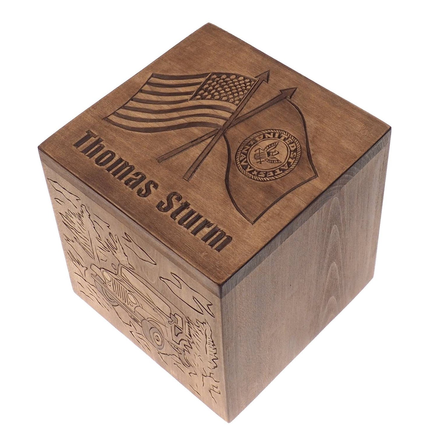 US flag Square Personalized Wood Urn For Human Ashes, Wooden Memorial Box, Carved Keepsake Cremation Urns, Cremation Boxes For Burial