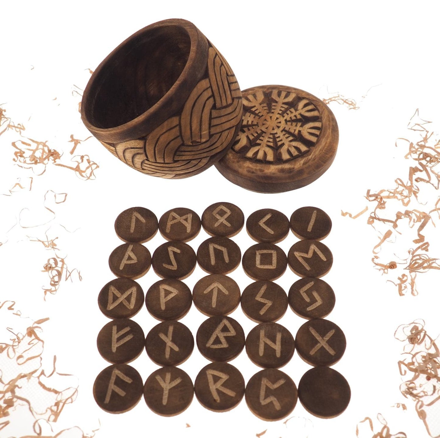 Viking Rune Set in hand carved Box with Aegishjalmur Norse Runes Elder Futhark Runes Asatru Runes Divination Runes Runes box viking Celtic