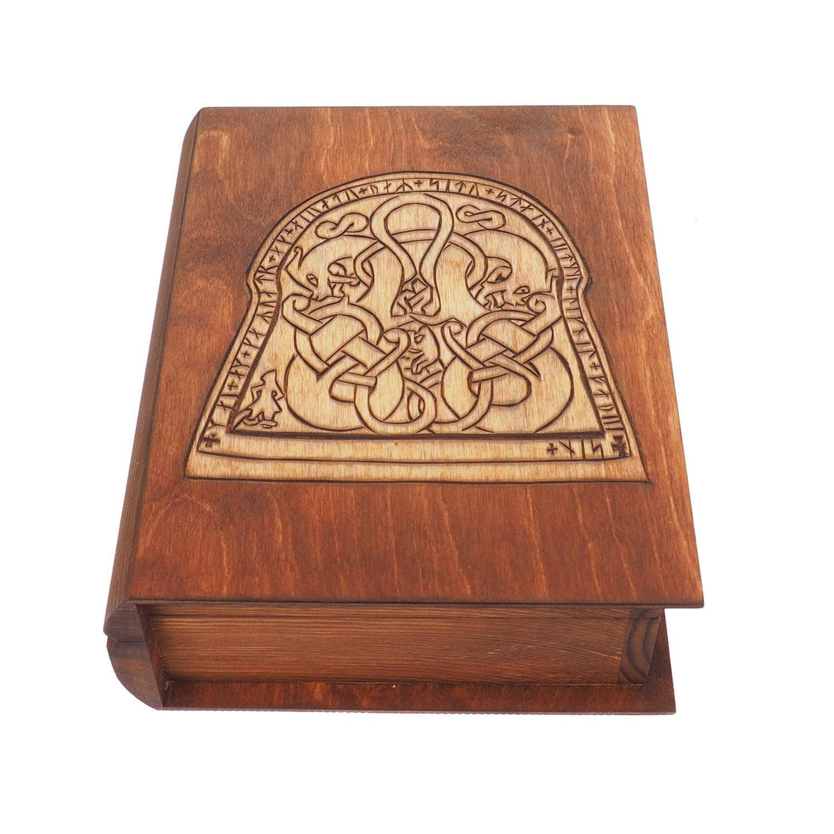 Historical wooden box in the shape of a book with  runestone