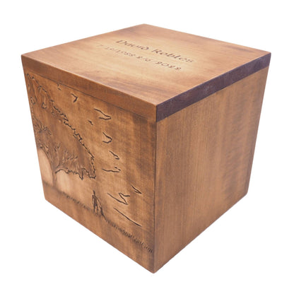 Tree and sunshine Square Personalized Wood Urn For Human Ashes, Wooden Memorial Box, Carved Keepsake Cremation Urns, Cremation Boxes, Burial