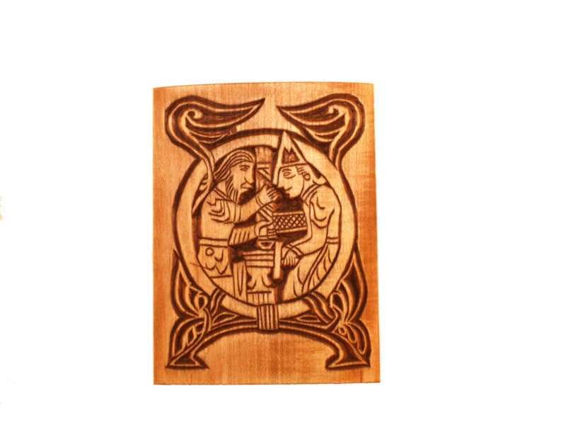 Wooden historical jewelry box with first scene from Völsunga saga
