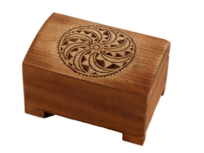 wooden historical jewelry box with solar symbol