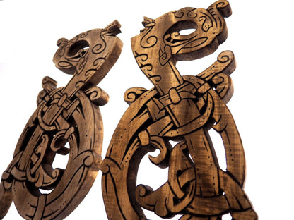 Wooden Hand Carved Dragons,  Ringerike Style, personalized, Double set, viking wall decor, viking room decoration, viking art, norse
