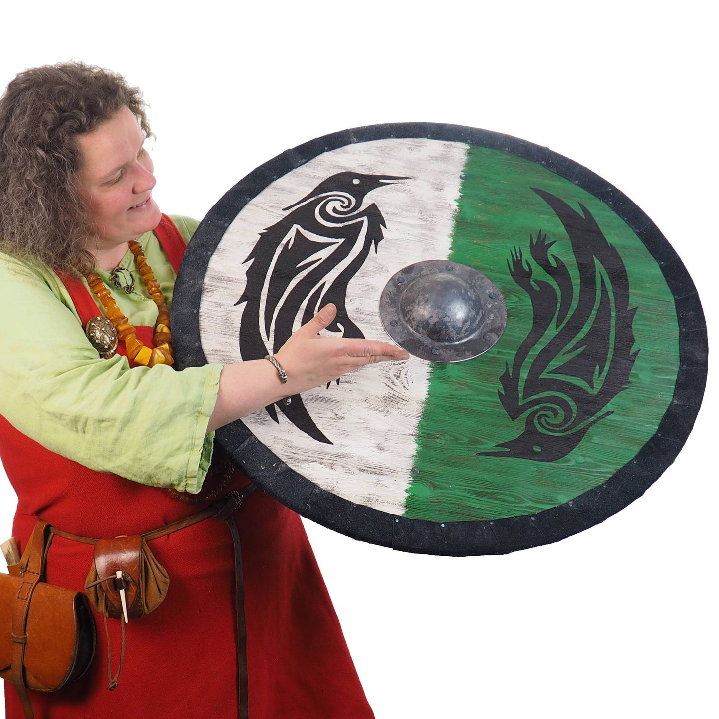 Double Ravens Personalized Viking Shield Green, Norsman shield, Wall decor, Larp and reenactment, SCA ready, black shield, Valhalla pattern