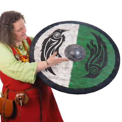 Double Ravens Personalized Viking Shield Green, Norsman shield, Wall decor, Larp and reenactment, SCA ready, black shield, Valhalla pattern