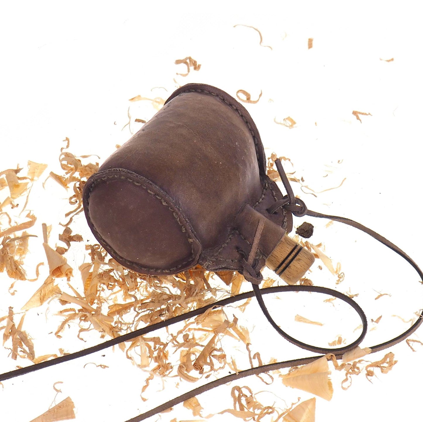 Bright Leather Small Barrel Waterskin, hand crafted, medieval wine skin with wooden stopper, leather flask bladder, ALL NATURAL
