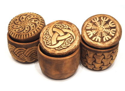Hand carved round wooden box viking and celtic style