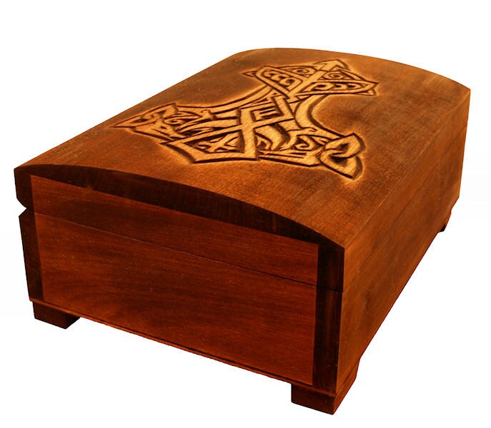 Wooden historical jewelry box with Thor Hammer