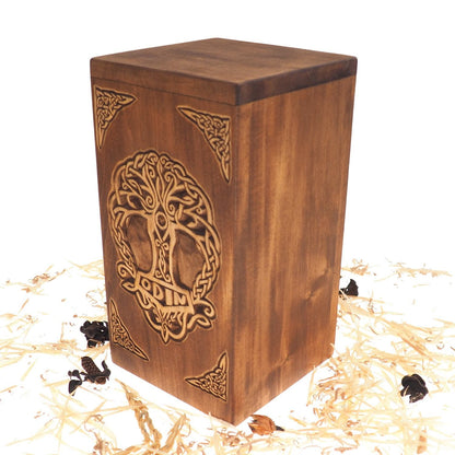 Personalized Wood Urn For Human Ashes,Thor hammer motive, Wooden Memorial Box, Carved Keepsake Cremation Urns, Cremation Boxes For Burial