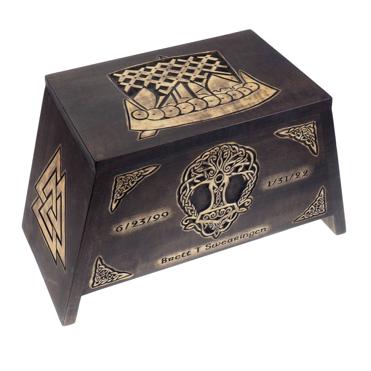 Viking Personalized Wood Urn with Yggdrasil and set of memory boxes, Viking ship, Wooden Memorial Box Carved , Cremation Urns, Viking, pagan