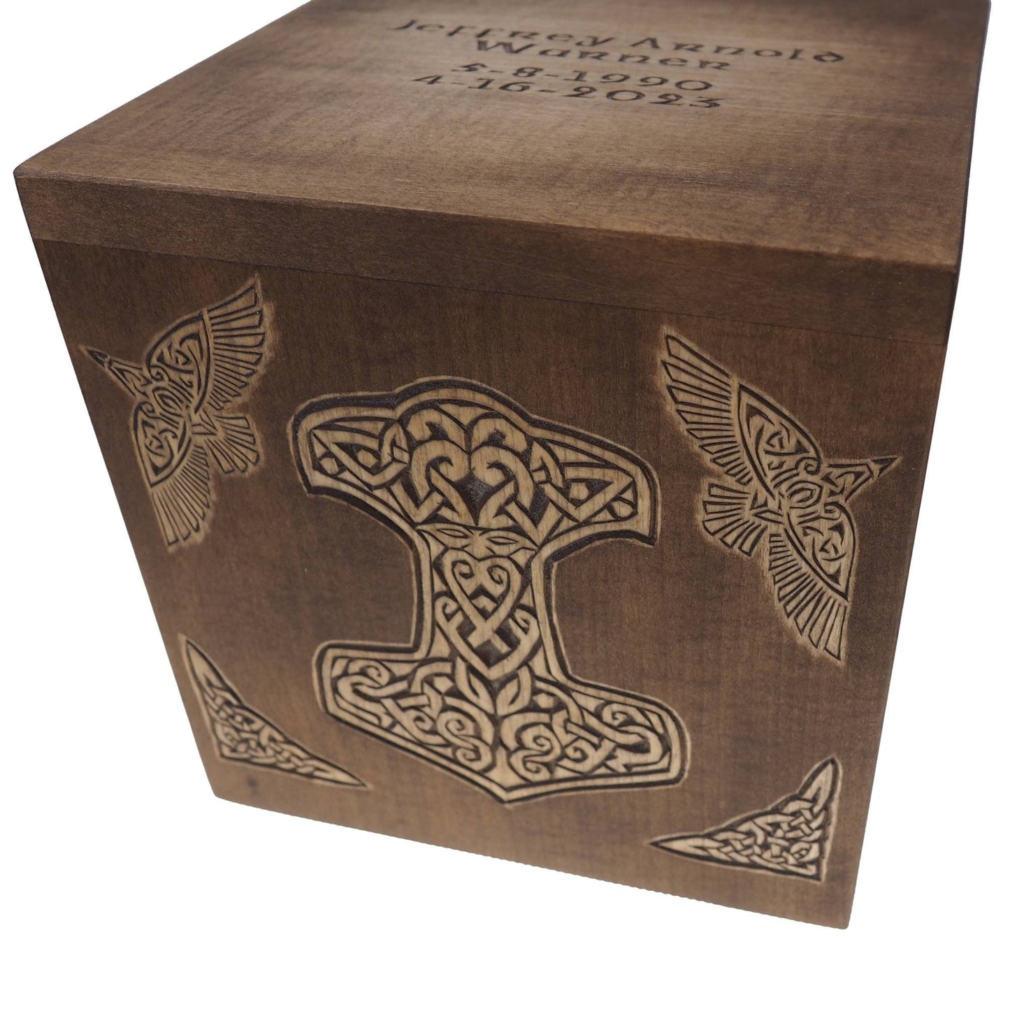 Square Personalized Wood Urn, Thor hammer , For Human Ashes, Wooden Memorial Box, Carved Keepsake Cremation Urns, Medieval Viking style