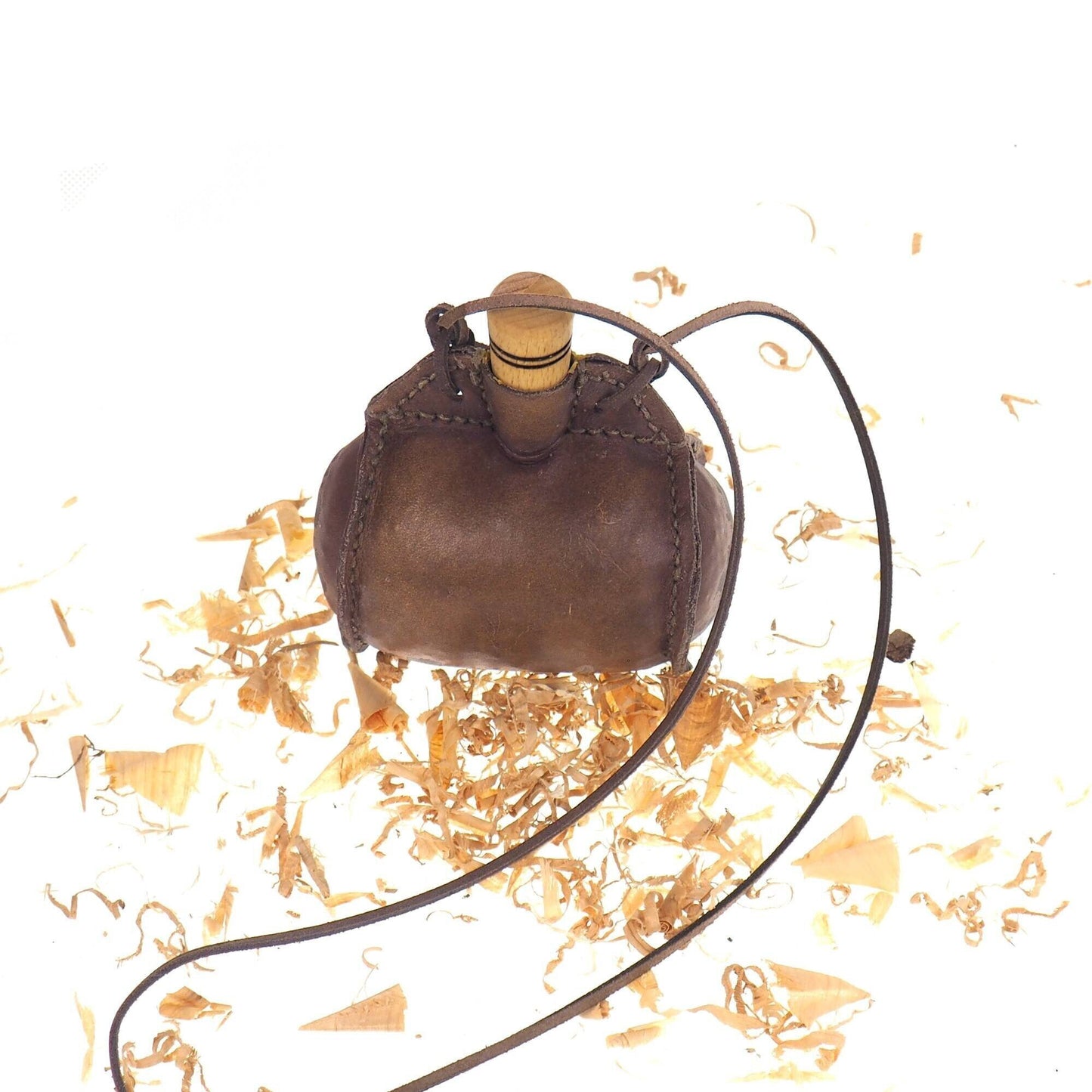 Bright Leather Small Barrel Waterskin, hand crafted, medieval wine skin with wooden stopper, leather flask bladder, ALL NATURAL
