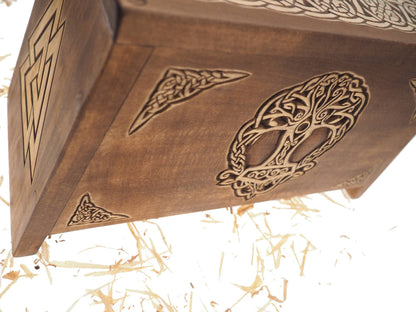 Thor hammer Yggdrasil Wooden Urn For Human Ashes, Wooden Memorial Box, Hand Carved, Keepsake Cremation Urns, Cremation Boxes For Burial