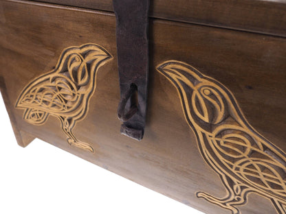 Raven Personalized Viking Chest, hand carved, Norse pattern box, chest with forged fittings, wedding gift, SCA and Larp, treasure chest